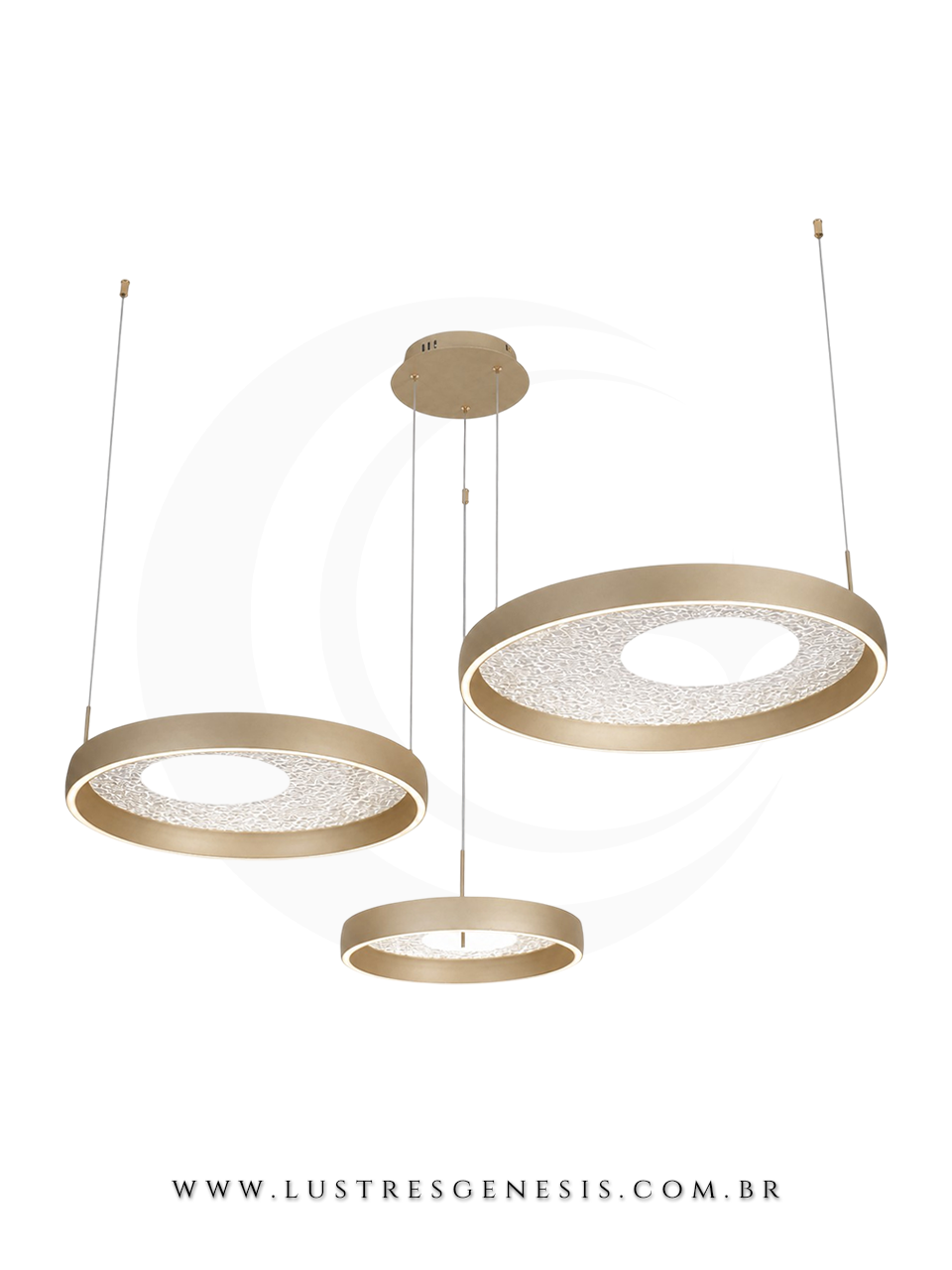 Lustre Aliança 3 Anéis Dourado Fosco Pé Direito Duplo LED para Sala de Jantar e Sala de Estar